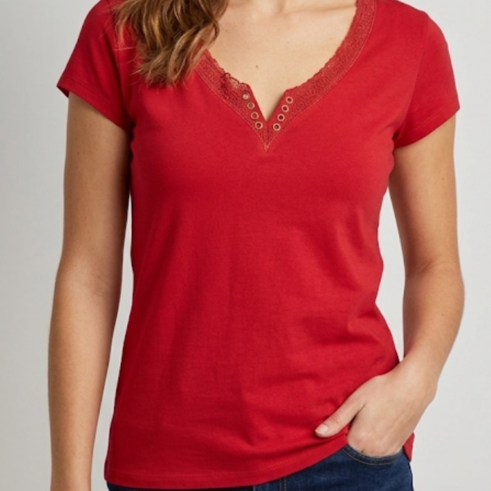 Red V-Neck Top with Rhinestone Embellished Neckline Size M